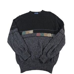 Kenneth Stevens Men's XL Black Wool Blend Crewneck Sweater Geometric Pattern